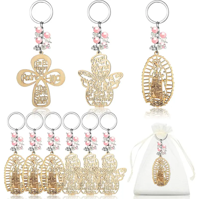 Hicarer 18 Pcs Christian Baptism Keychain Pearls Recuerdos De Bautizo Bible Wooden Keychain with Organza Bags Baptism Favor(Pink Pearls)