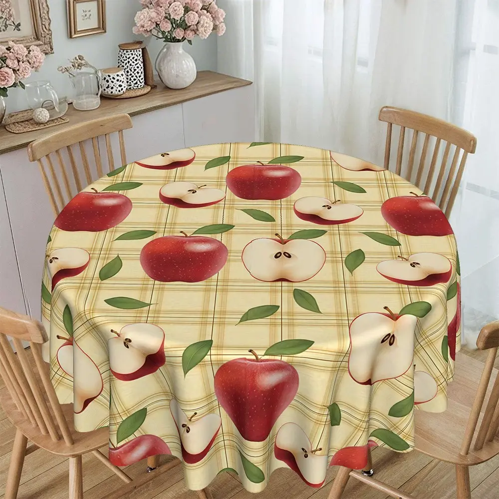 Autumn Leaf Apple Round Tablecloth, Thickened Twill Material, Polyester Faux Suede, Kitchen Dining Decor, Holiday Party Tablecloth