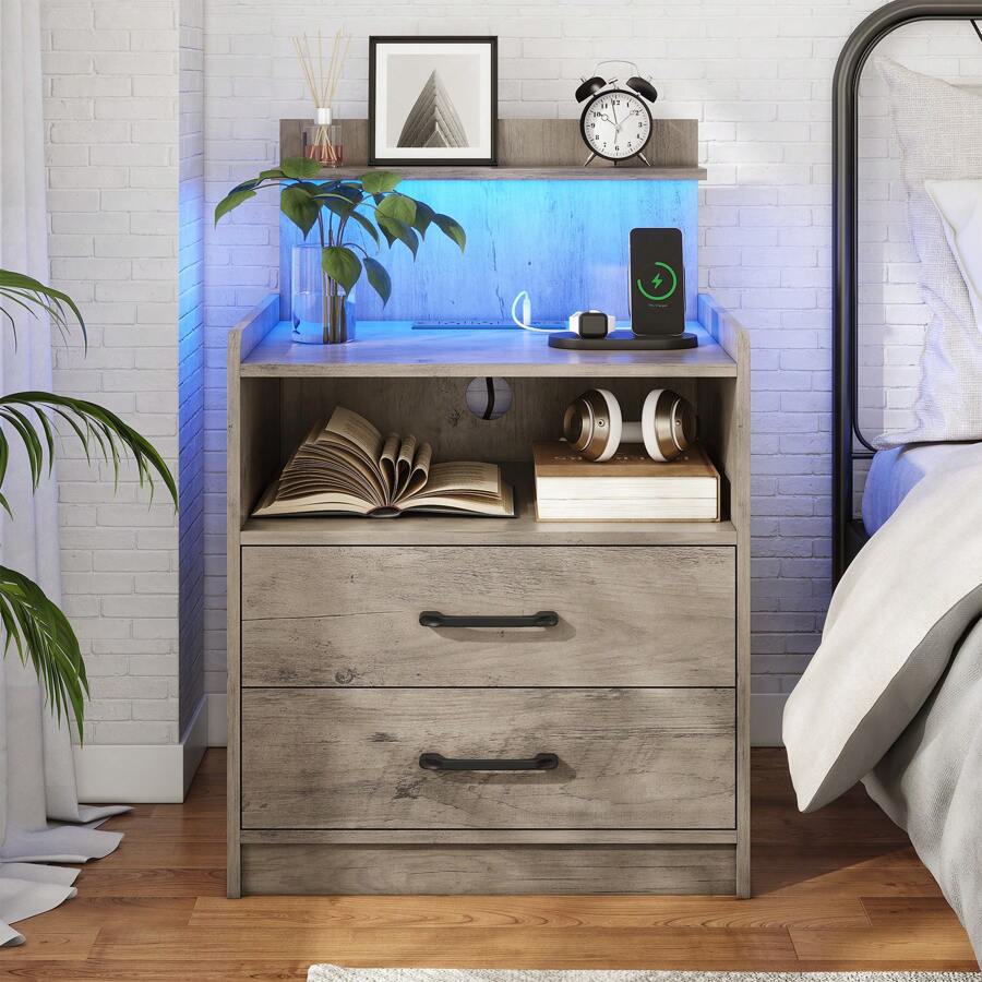 LED Nightstand with Charging Station, 2 Drawers & Open Storage, Bedside Table with LED Lights, USB Ports & Outlets, Modern End Table for Bedroom Living Room