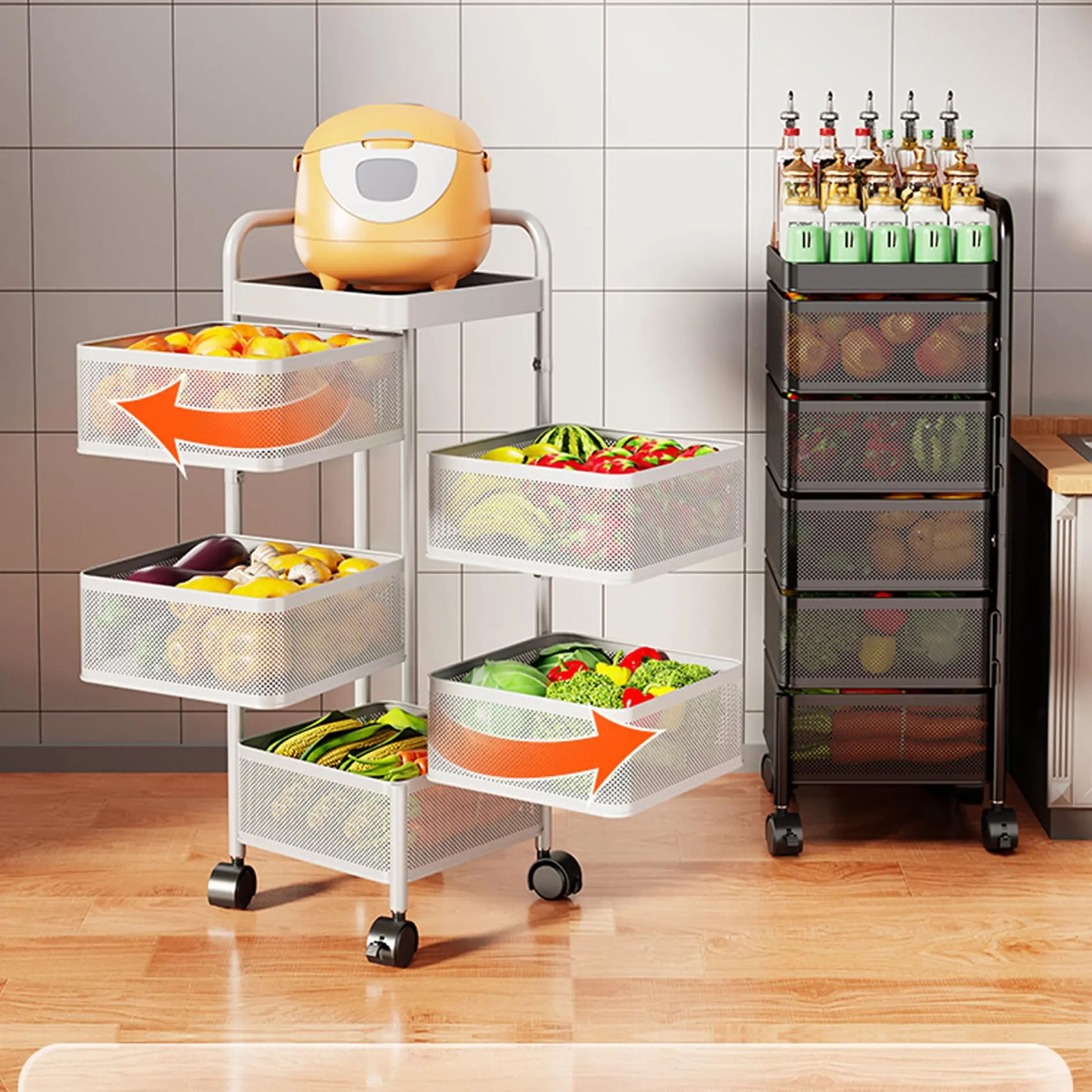 5-Tier Rotating Kitchen Storage Cart – Thickened Carbon Steel Utility Rack with Top Lid & Wheels, No Assembly Mobile Produce Organizer for Fruit, Veggies, Bathroom & Living Room， tool-free installation,dorm essentials,home decor