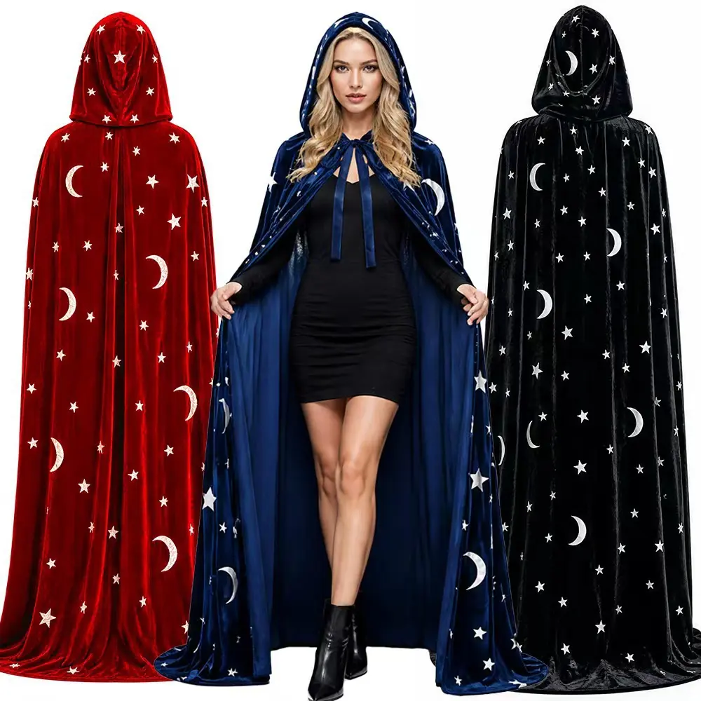 Halloween Gold Thread Star Moon Velvet Cape Cloak, Multi Theme Cosplay Outer Robe For Grim Reaper Demon Vampire Wizard Styling, Soft Glossy Festive Costume For Holiday Themed Parties Night Cosplay Events And Spooky Role Play Matching.sohochic