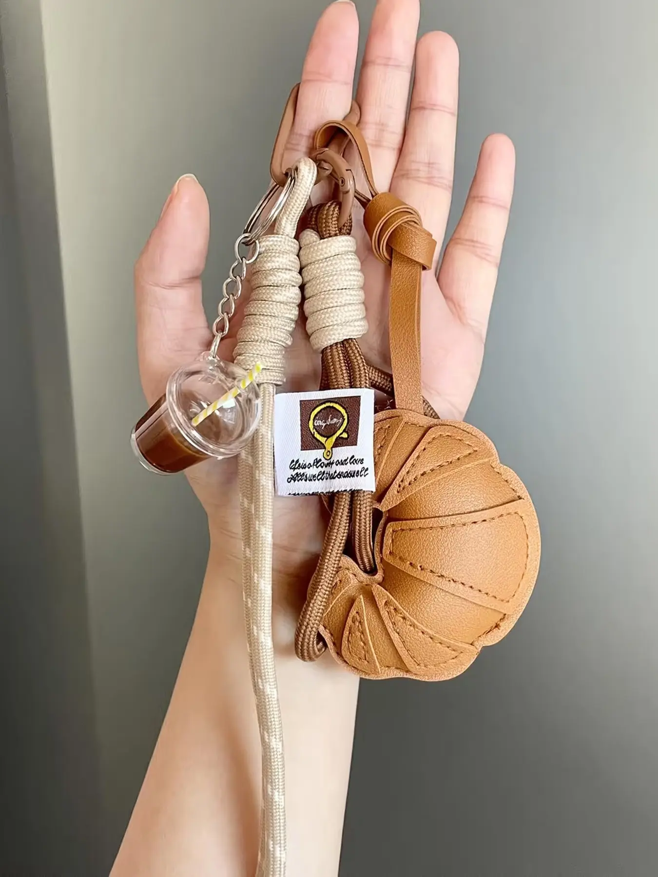 Croissant & Coffee Cup Keychain Set, Mini PU Croissant & Iced Coffee Bag Charm with Braided Rope & Fabric Tag, Anti-lost Accessory for Backpacks, Keys & Handbags, Lovely Gift for Food Lovers & Teens
