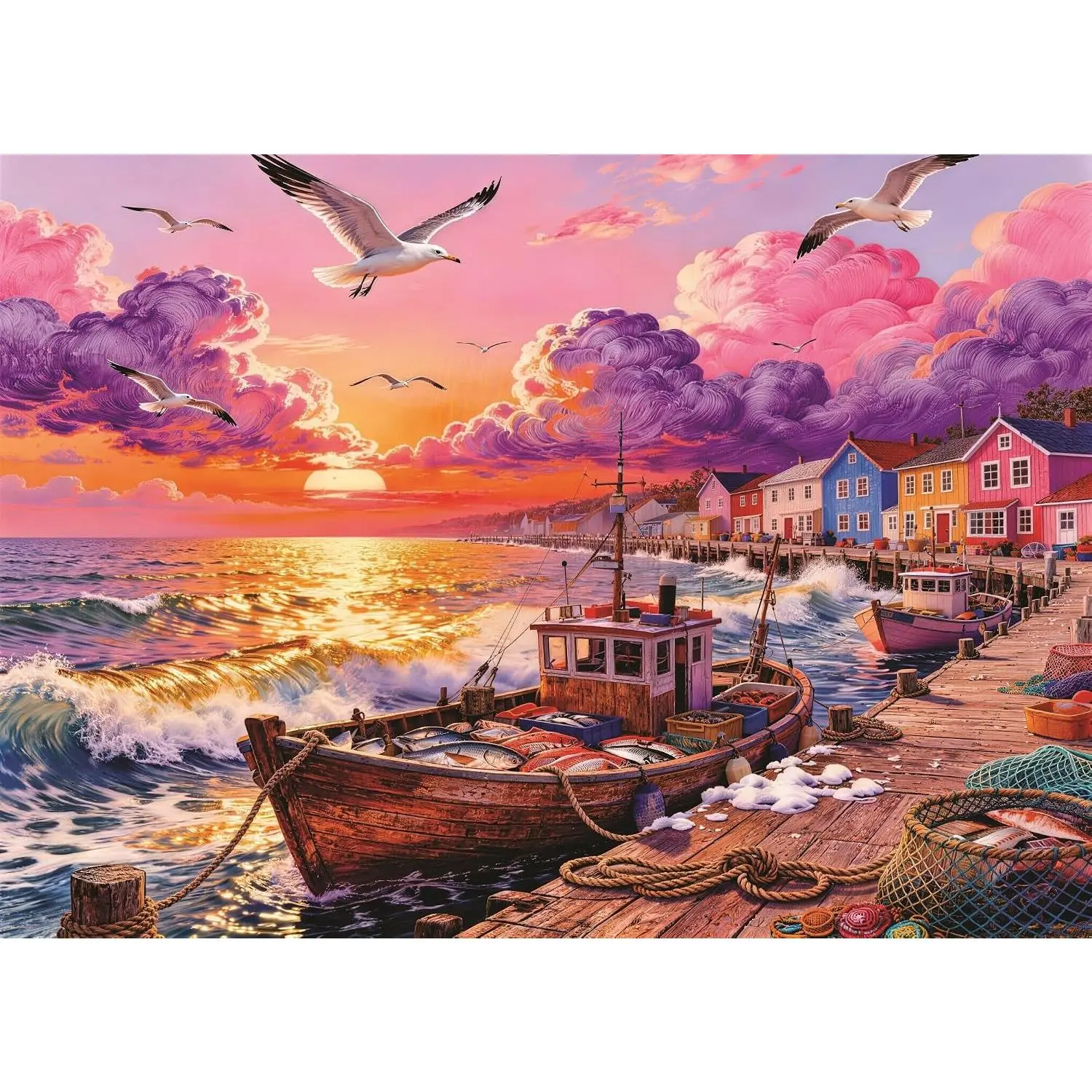 Fishing Boat Ocean Sunset Puzzle for Adults 1000 Piece Beach House Jigsaw | Seaside fishing harbor, Old Boat, Colorful house, Nature landscape, Coastal sunset wall decor