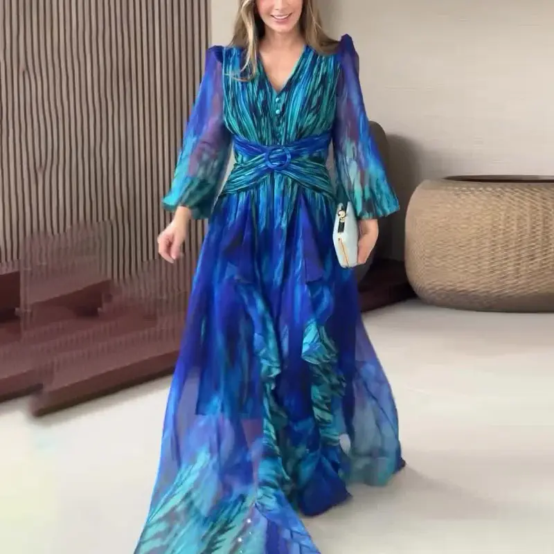 Ocean Style Spring New French Vintage Printed Long Sleeve Dress Women Elegant Fashion Midi Dress