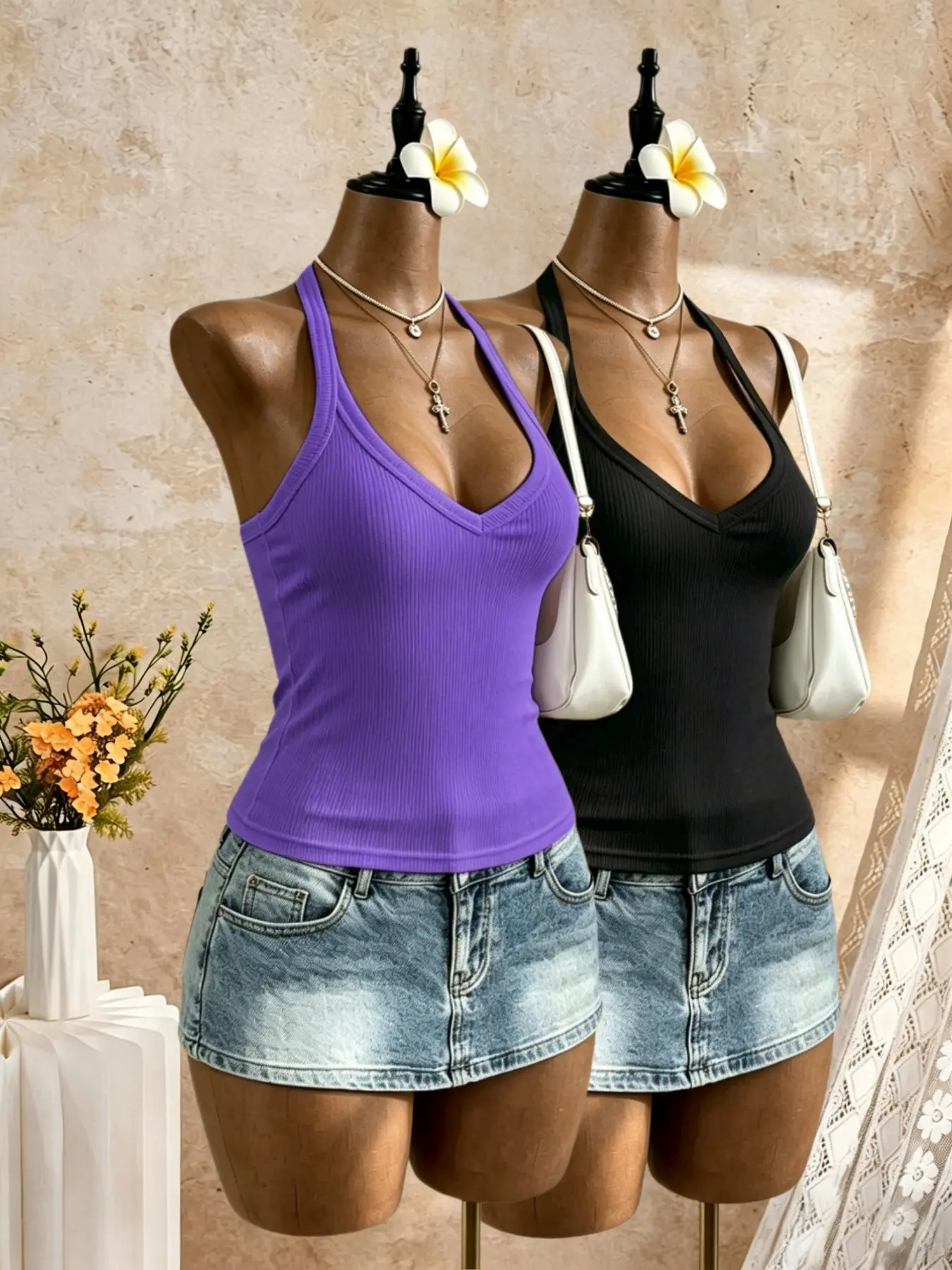 Women's Halter V-Neck Ribbed Tank Top Set, Slim Fit Elastic Sleeveless Short Strap Shirt, Basic Tight Knit Summer Daily Wear