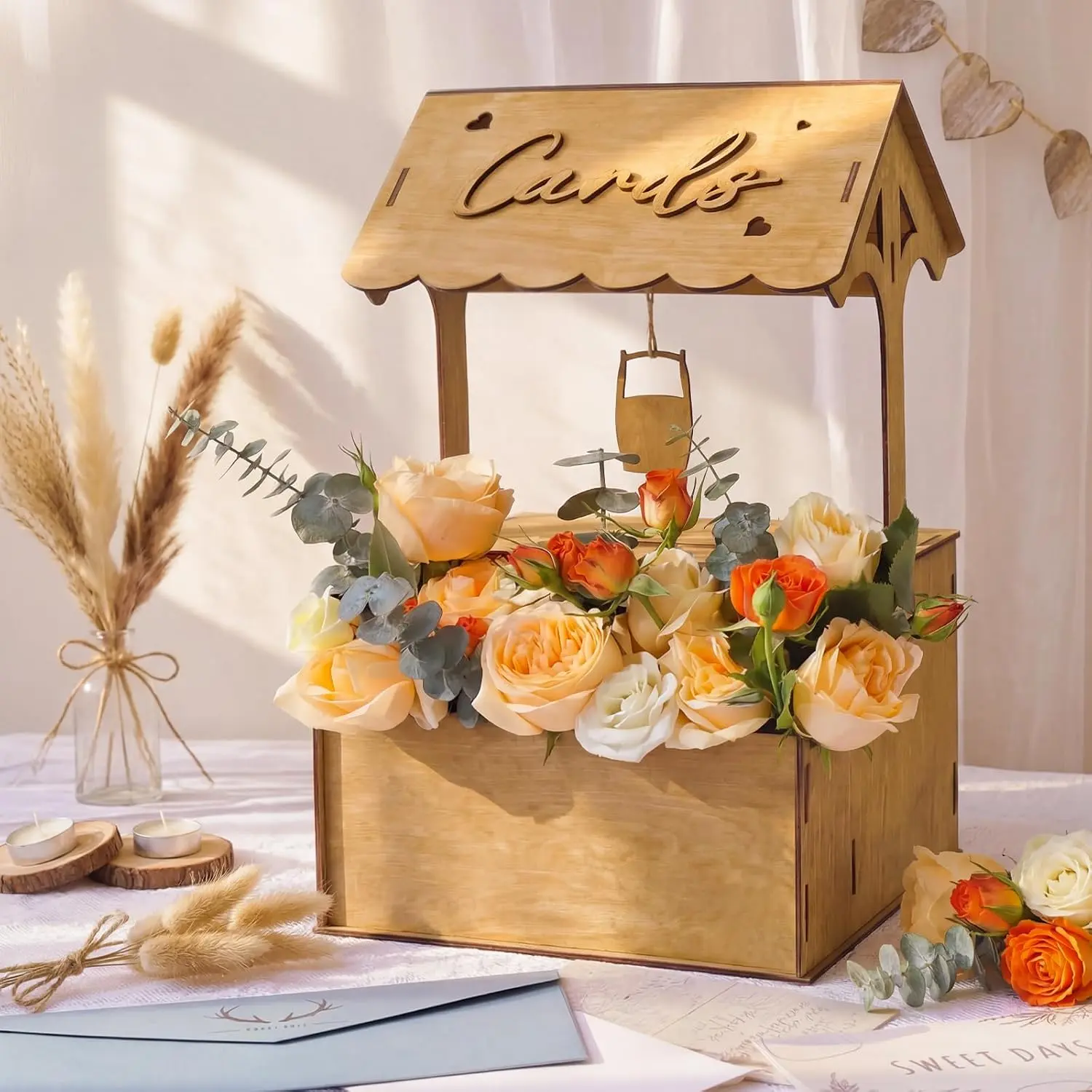 Wooden Wishing Well Wedding Card Box with Lock & Flower Trough, Brown Wedding Card Boxes for Reception, Rustic Box for Cards at a Party for Birthday Graduation  Shower Reception Decor