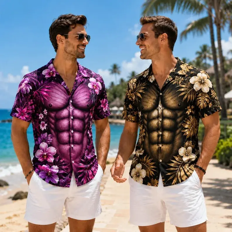 Custom Funny Muscle T Shirt for Men, Hawaiian Shirt Illusion Tee, Personalized 3D Fake Open Shirt, Too Hot To Handle Summer Vacation Gift # Funny Shirt # Summer Party # Summer Outfit # Ugly Shirt