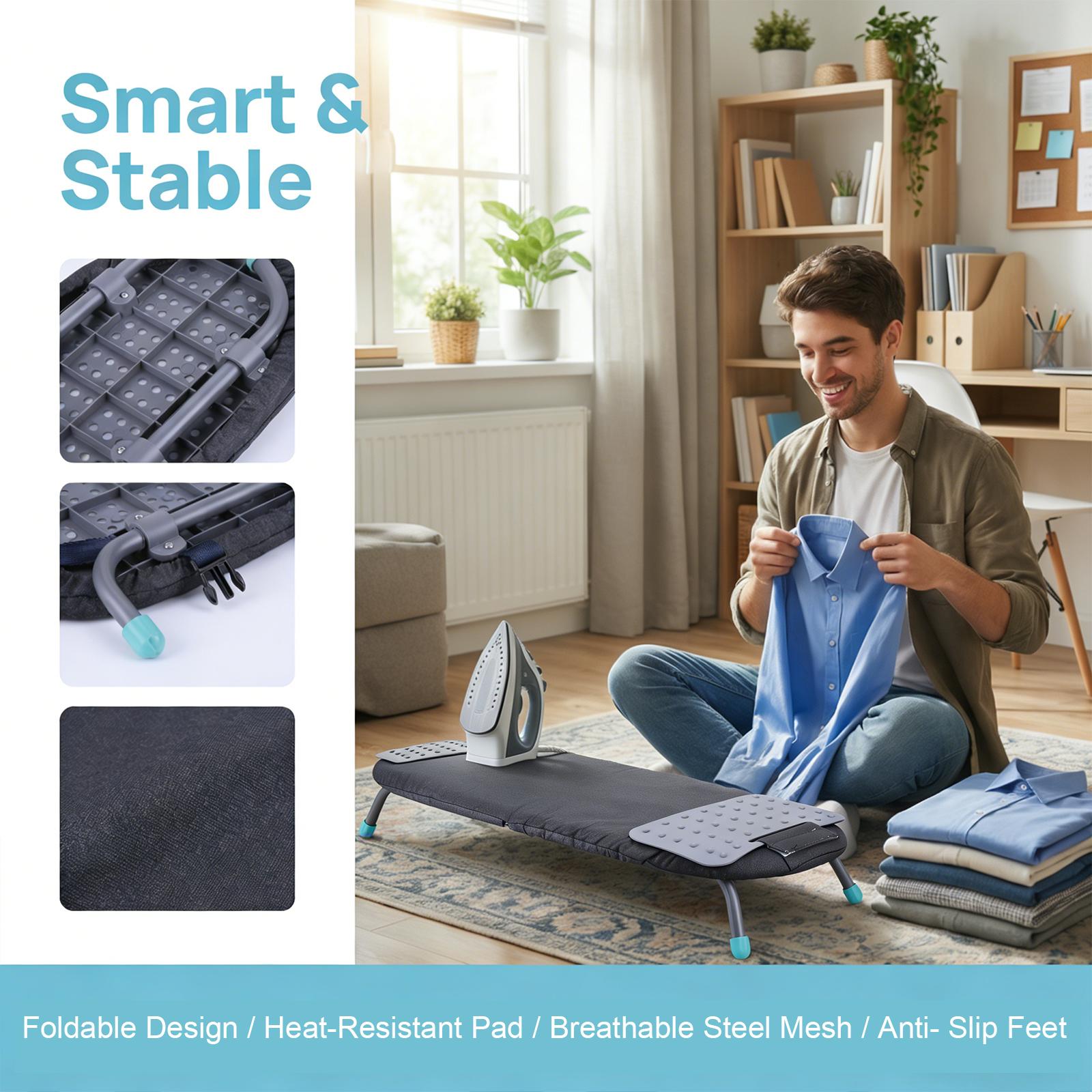 Travel Compact Ironing Table Metal Mesh Panel Space-Saving Ironing Board with Iron Mat with Non-Slip Feet Set for Dorm Rooms RVs Travel Apartments NEW