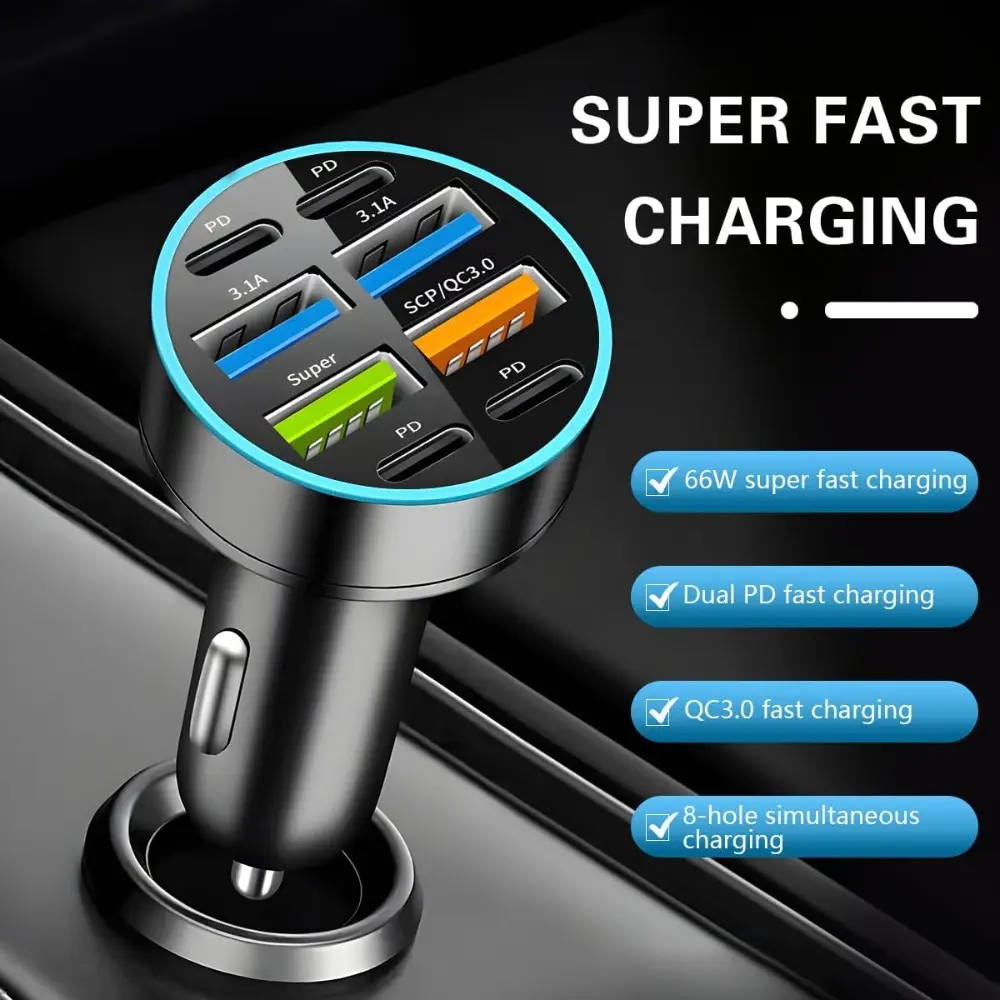 8 Ports 66W Car Charger, 12-24V Super Fast Charging with USB 3.1A PD&QC 3.0 with LED Voltmeter for Cigarette Lighter Plug, Compatible with All Smartphone, Universal Auto Accessories