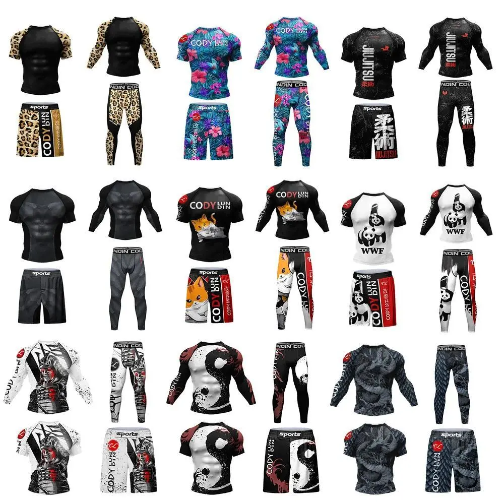 Cody Lundin Men Sportsuit For MMA Jiu jitsu gi Rashguard Fight Shorts Compression Set Tear Resistance bjj Fitness Tracksuit