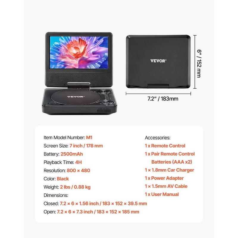 VEVOR Portable DVD Player, 9 inch HD Swivel Display Screen, 4 Hours Built - in Rechargeable Battery, Dual Speakers, Support Sync TV/USB/SD Card/CD/DVD, Car Charger, AC Power Adapter, Remote Control