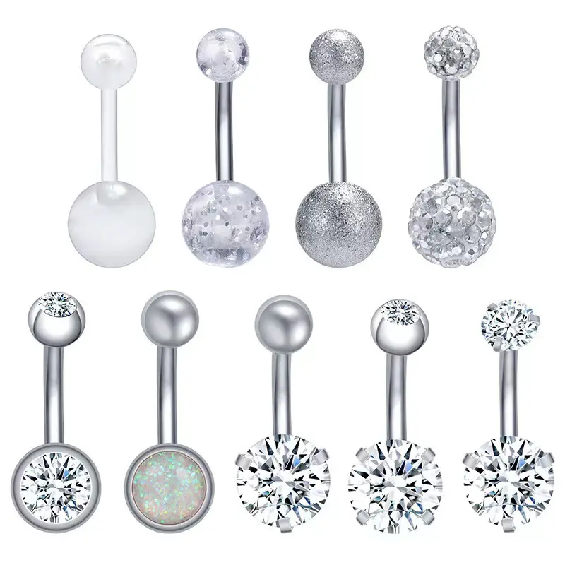 14G Hypoallergenic Surgical Steel Belly Button Ring Cubic Zirconia Belly Button Barbs 316L Stainless Steel Inlaid Shiny Cubic Zirconia Body Piercing Set, 9Pcs Navel Piercing Jewelry Beach Festival Daily Accessories