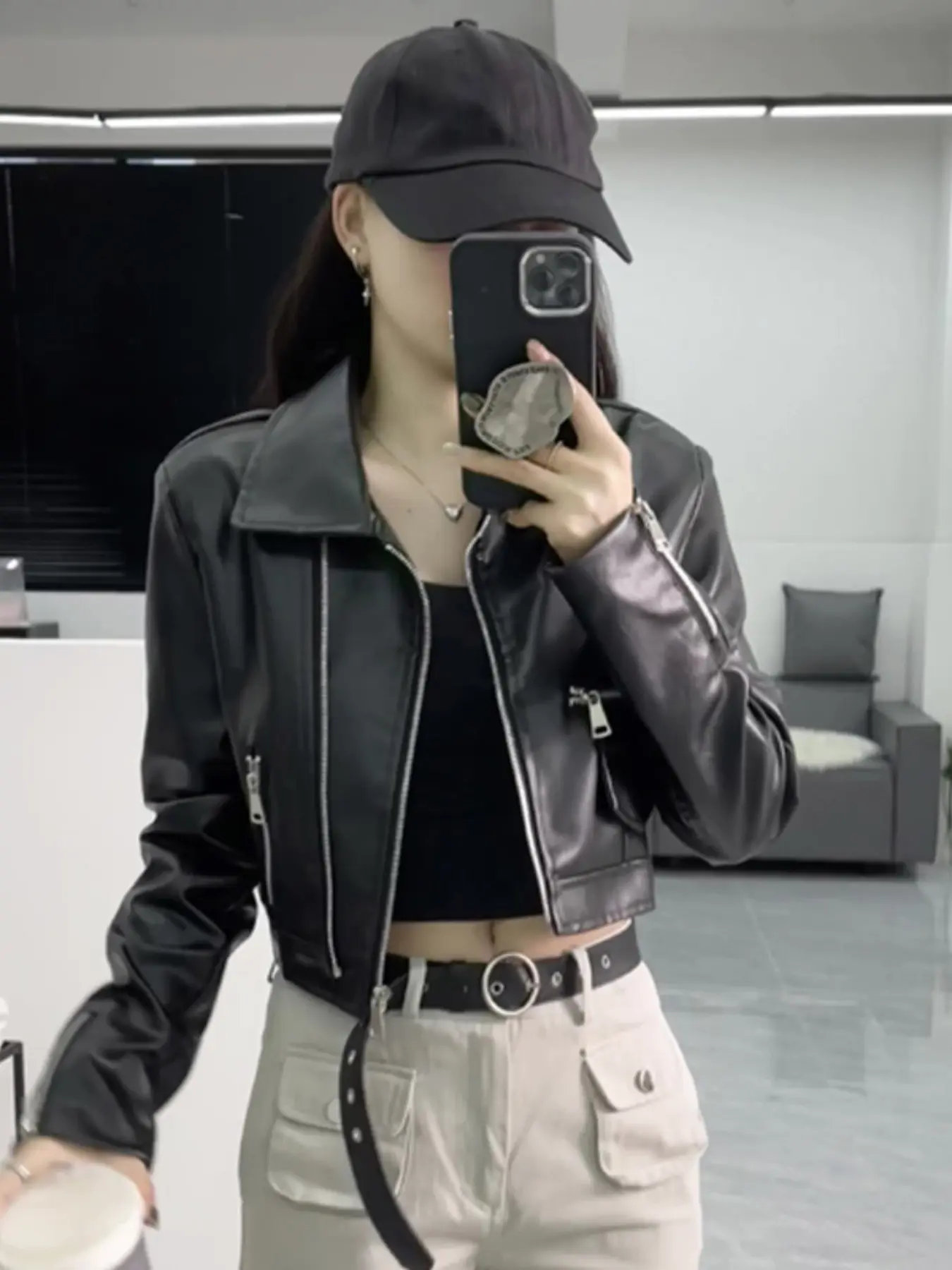 Women's PU Leather Jacket, High Waist Short Casual Biker Style, Zipper Decoration, Fashionable Motorcycle Windbreaker, Ladies' Outerwear