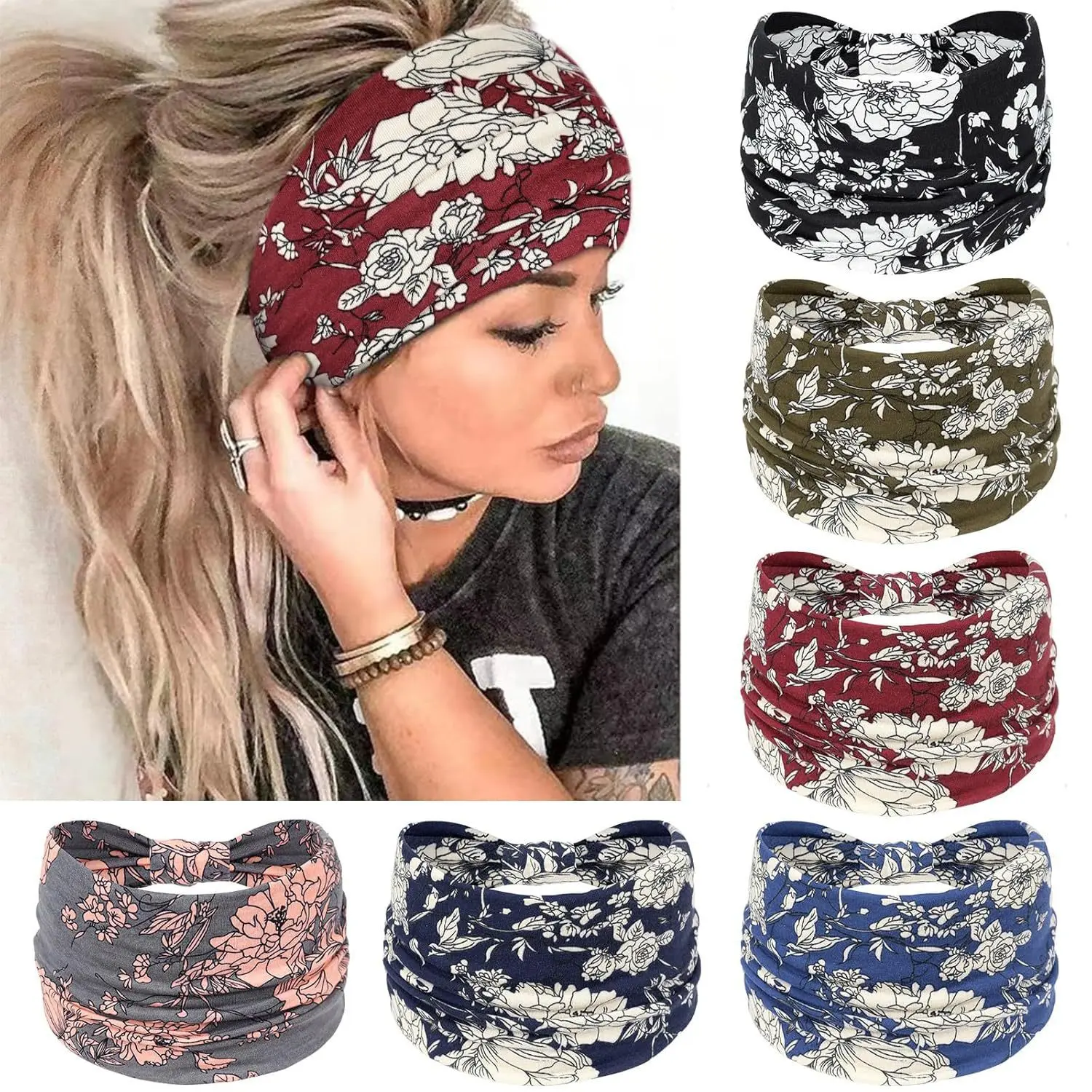 Boho Wide Paisley Bandana Headband - 6-Piece Unisex Anti-Sweat Hair Accessory, Soft Breathable for Curly Hair, Gym, Daily Casual Outfits, Birthday, Sports Use