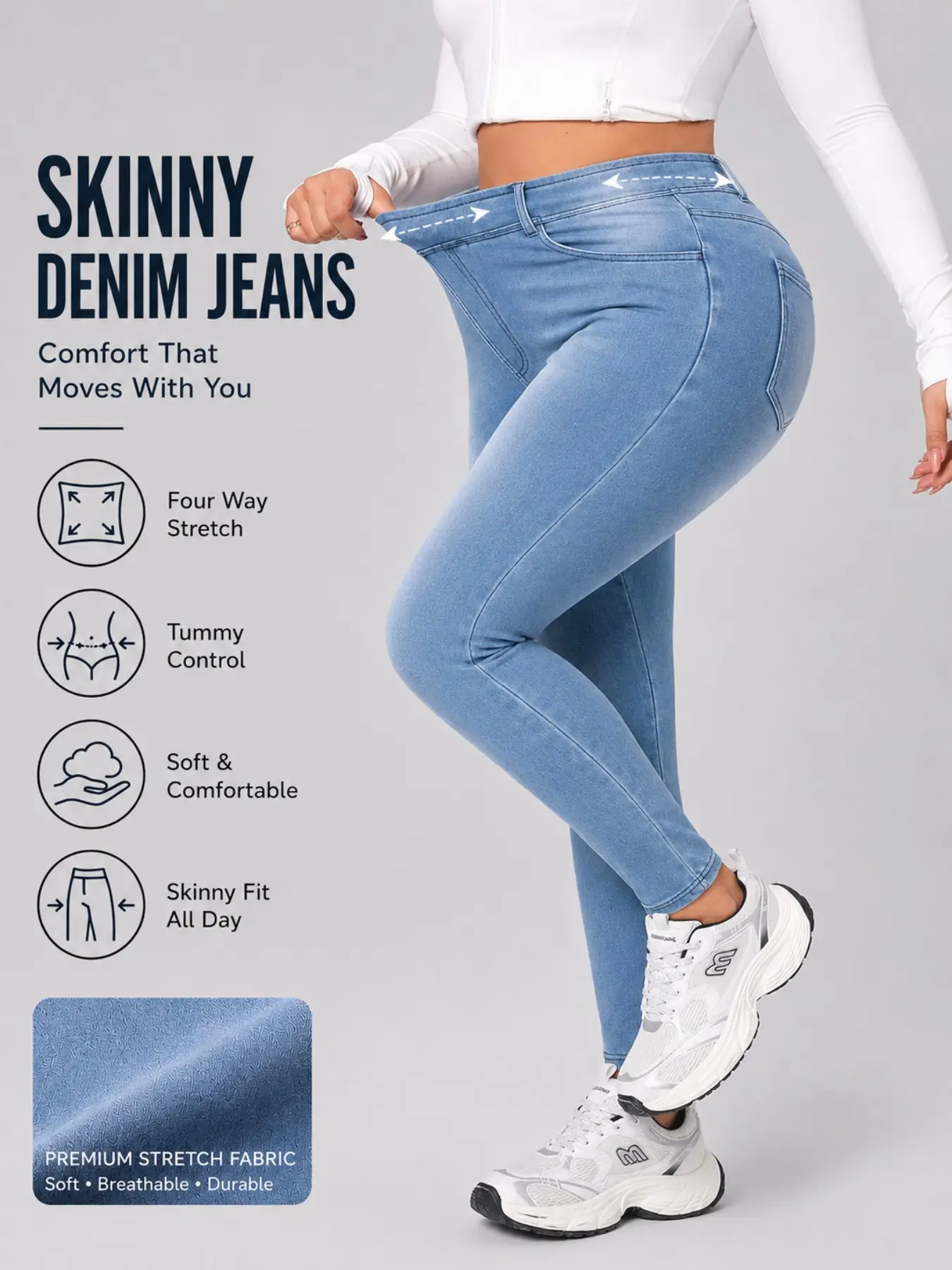 Plus Size Curvy Women's Knitted Denim Tight Fit Jeans, High Waist Elastic Waist, Comfortable Slimming, Casual Daily Everyday Wear, All Seasons