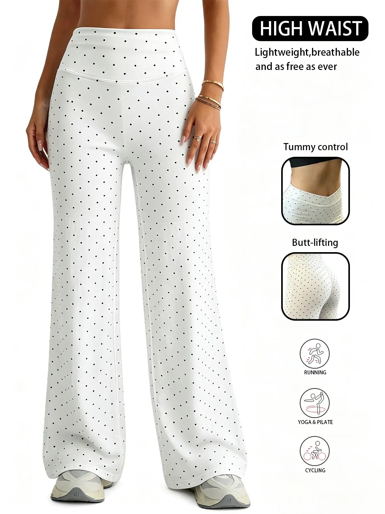 Polka Dot High Waist Butt Lifting Sports Pants, Tummy Control Wide Leg Fitness Pants, Running Yoga Pilates Daily Wear