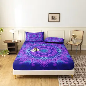 3 Pieces Purple Blue Mandala Fitted Sheet Set, Bohemian Hippie Large Gradient Floral Mandala Printed Bedding, Multiple Sizes Available (1 Fitted Sheet + 2 Pillowcases, No Pillow)