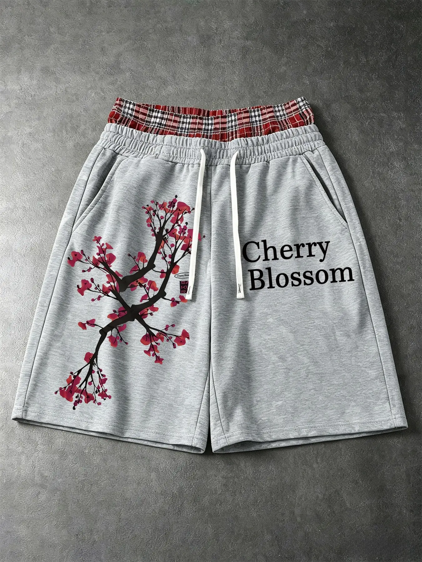 Men's Cherry Blossom Print Two-Piece Sport Shorts, Plaid Patchwork Elastic Drawstring Streetwear Casual Shorts, Loose-Fitting Comfortable Style
