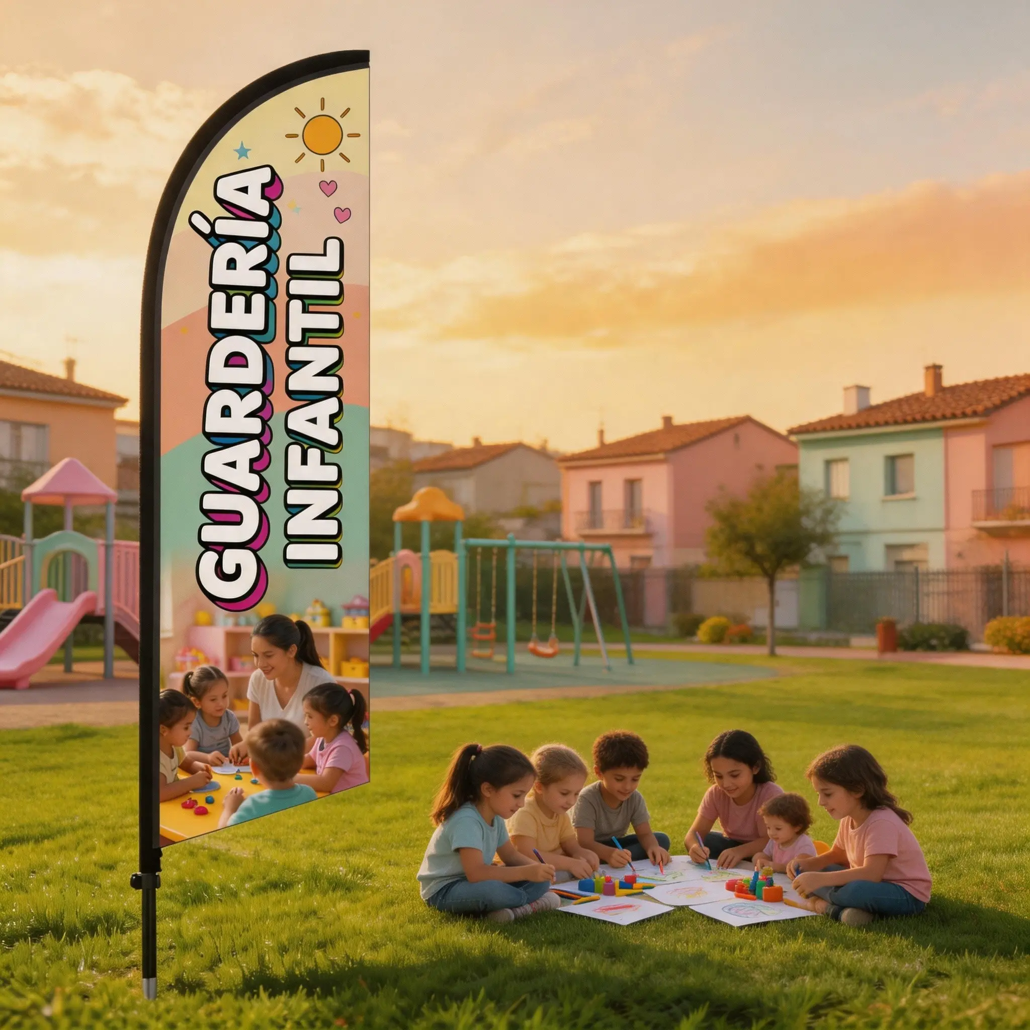 8.5 Ft Feather Flag for Daycare, Polyester Waterproof Sunscreen Banner, Wind-Resistant Single-Sided Print, Outdoor Promotion Tool