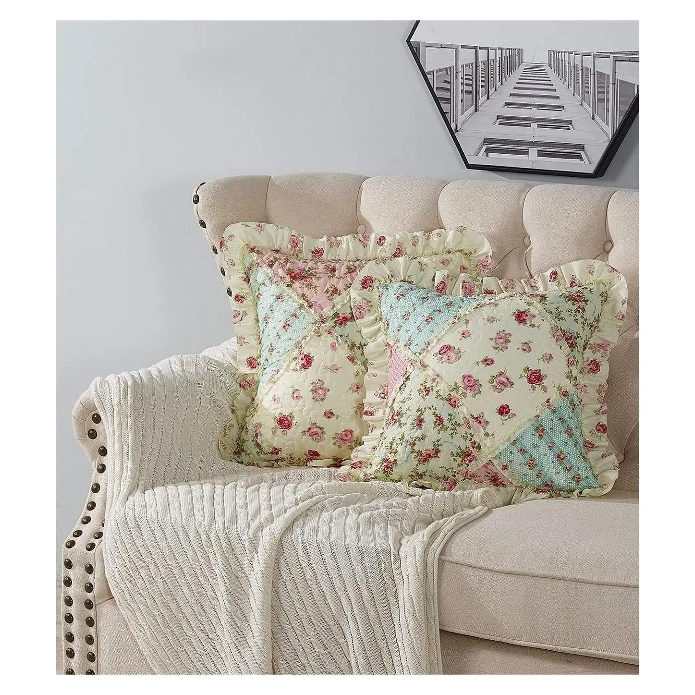 Pink & Green Roses Ruffle Pillow Shams Set, 18 x 18 Inches, Patchwork Quilted Pillow Covers with Ruffles, Washable Throw Cushion Cases for Couches and Beds, Pack of 2Gift