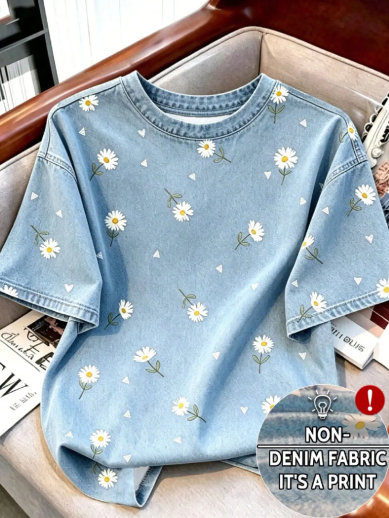 Light Blue Denim Daisy Digital Print Short Sleeve T-Shirt, Loose Round Neck Casual Top, All Seasons Slim-Fitting Tee