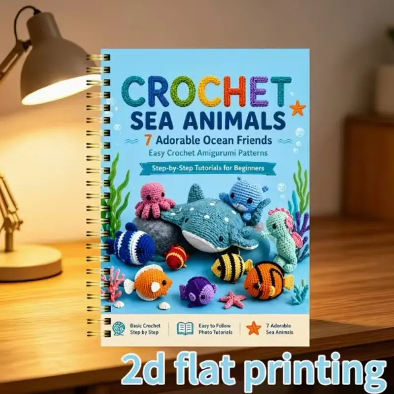 Ocean Animal Crochet Pattern Coil Notebook, Cute Underwater Doll Cover Blank Journal, Handmade Craft Lover Creative Planner