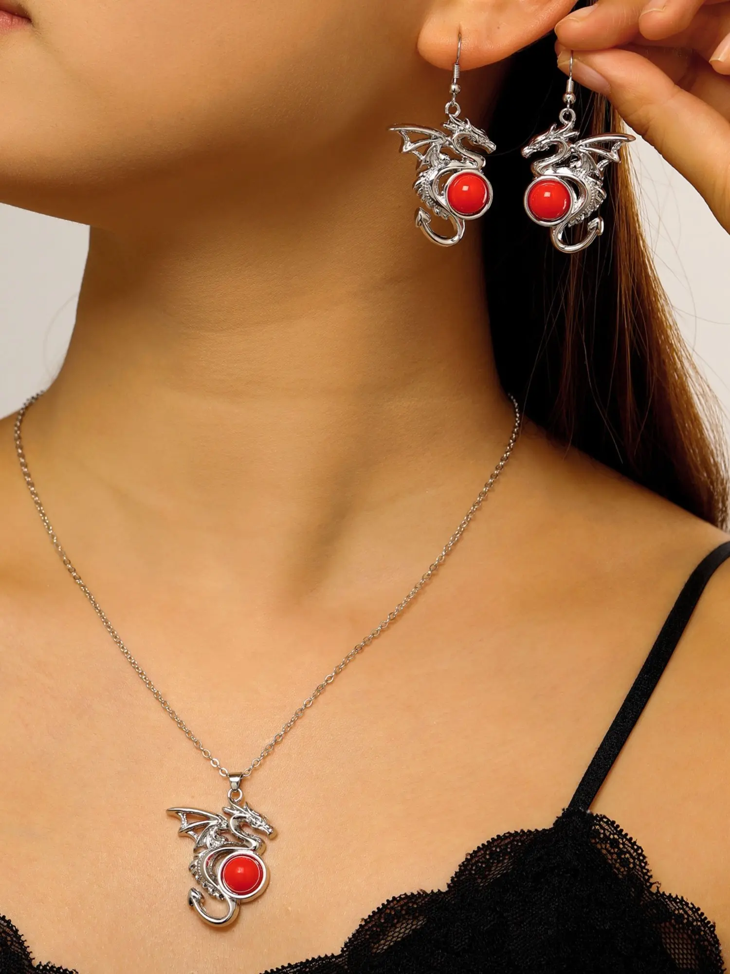 15pc 10pc Cold Silver Relief Guardian Dragon Agate Set, Dark Unique Chinese Dragon Pattern Earrings Necklace Set, All Seasons Cute Style