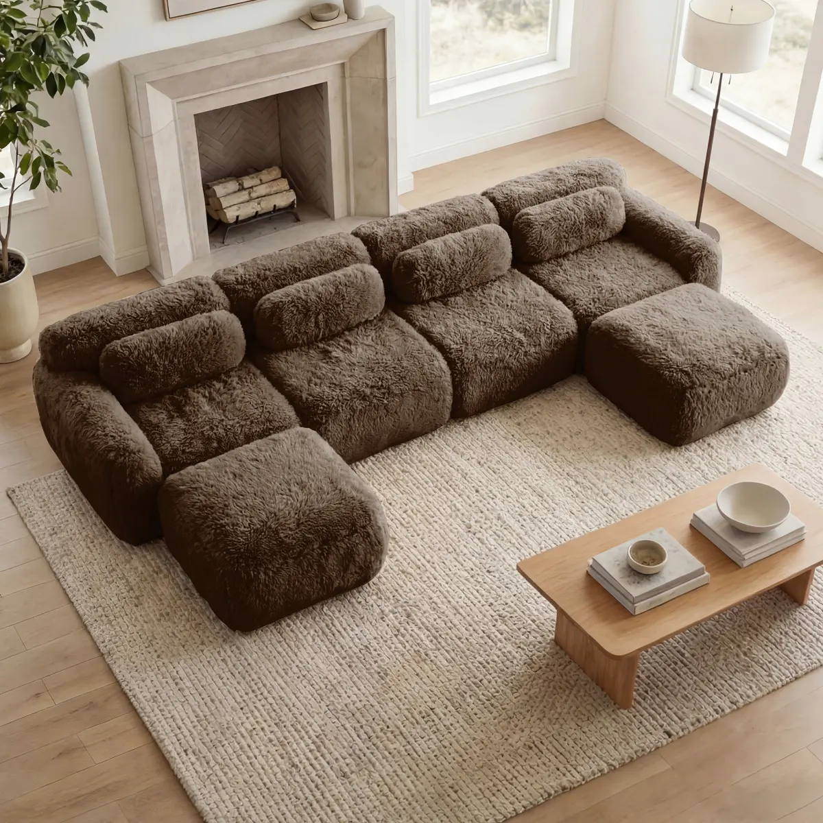 Aobtkel L-shaped Boneless Cloud Sectional Couch - 4-Seat Modular Extra-Wide Plush Fabric Sofa, 32D High-Density Sponge Bottom, Anti-Slips Design, Free Combination Buckle Connection, No Assembly Required, for Living Rooms, Chocolate