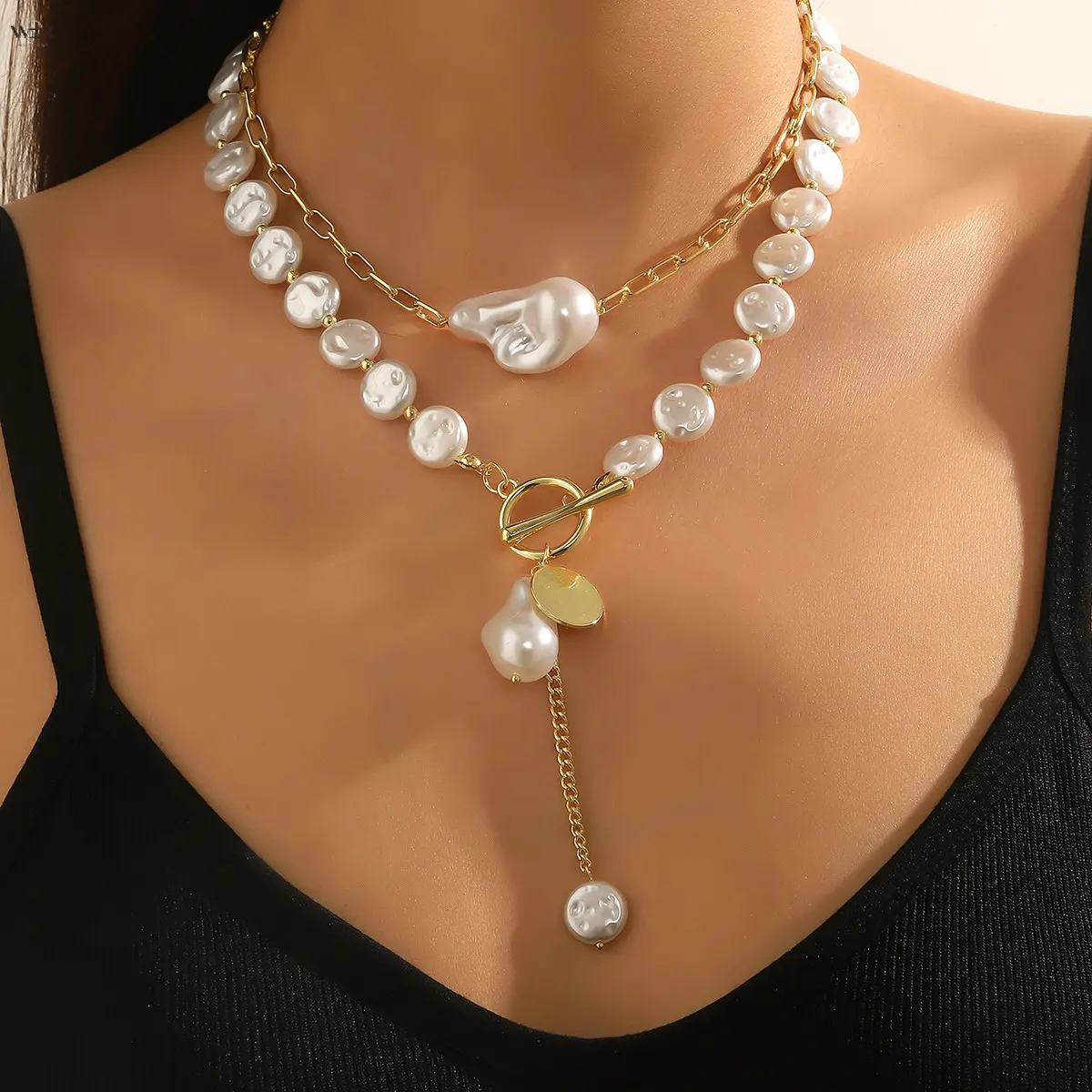 4 Styles Women Gold Plated Oval Paperclip Chain Baroque Irregular Pearl Necklace Set, Multi-Layer Stackable Adjustable Extension Dainty Everyday Wedding Party Pendant Jewelry Gift for Ladies