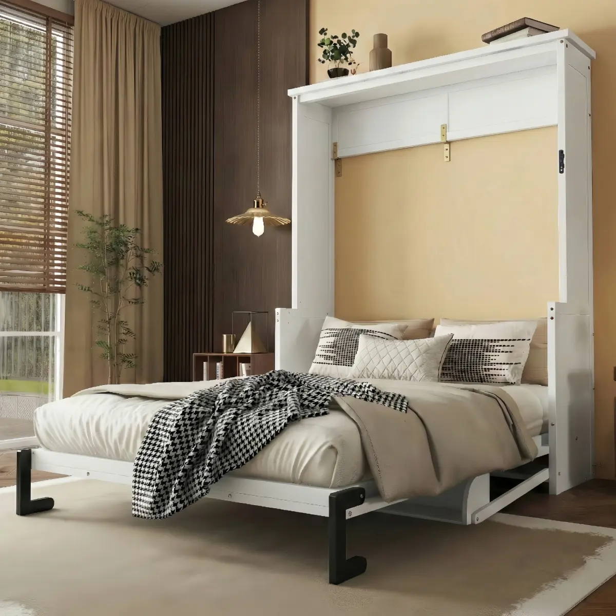 Queen Size Wood Vertical Murphy Bed, Space-Saving Hidden Wall Bed, Wall Bed Cabinet, with Desk, Gas Struts ,White