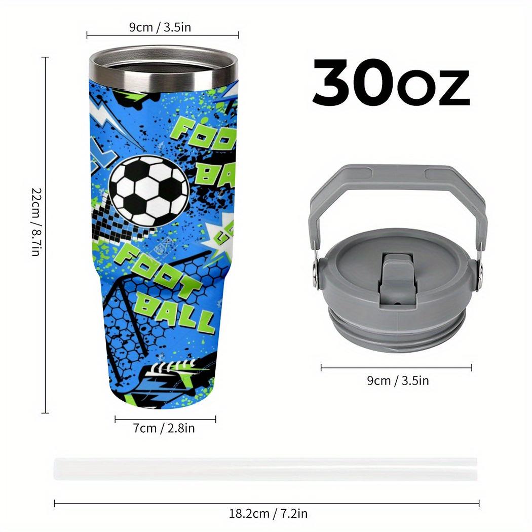 1 30Oz stainless steel football thermos cup with lid and straw, bright football design, large capacity, durable 304 stainless steel, the perfect gift for sports fans, suitable for home, travel, outdoor, summer and winter use