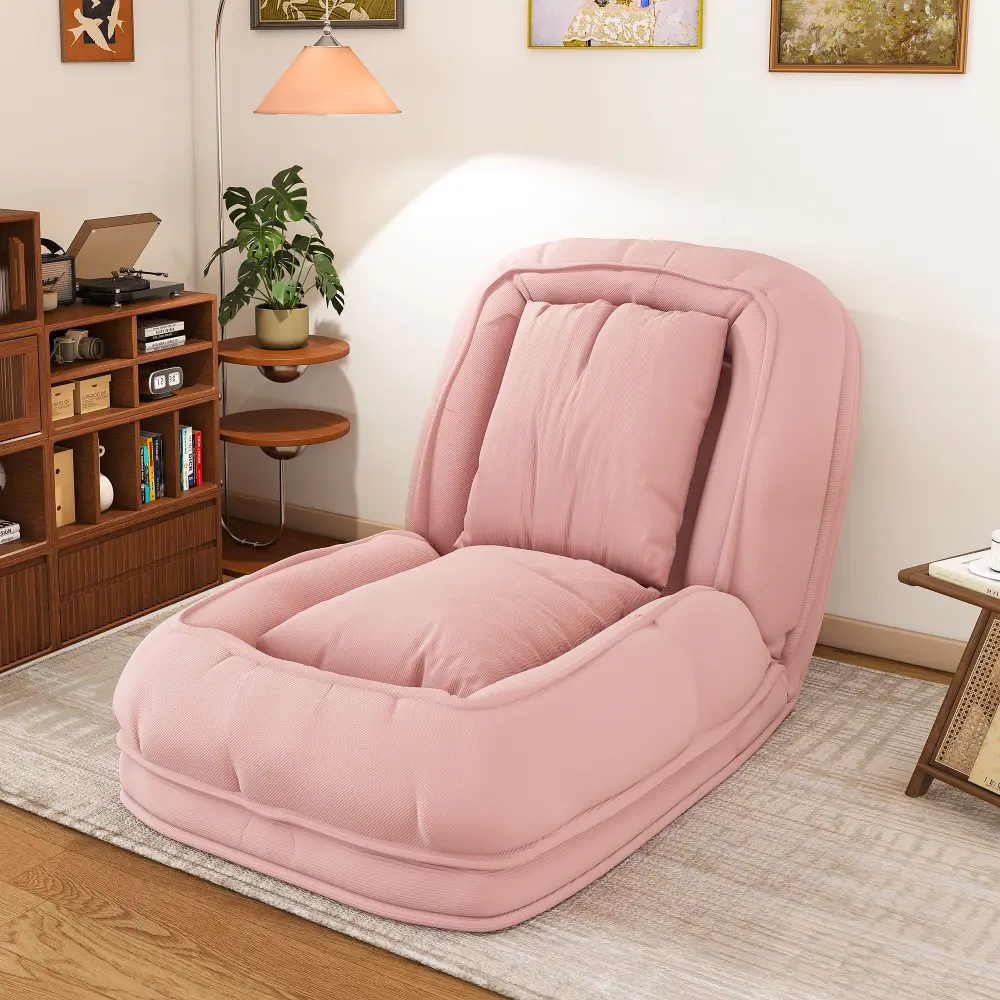 Upholstered Human Dog Bed for Adults & Pets, Foldable Lazy Sofa Chair Bed with 5 Adjustable Positions, Convertible Floor Lounger with 2 Soft Pillows, Comfortable Pet Friendly Couch for Bedroom, Living Room, Reading Nook, Relaxing Lounge Chair, Pink