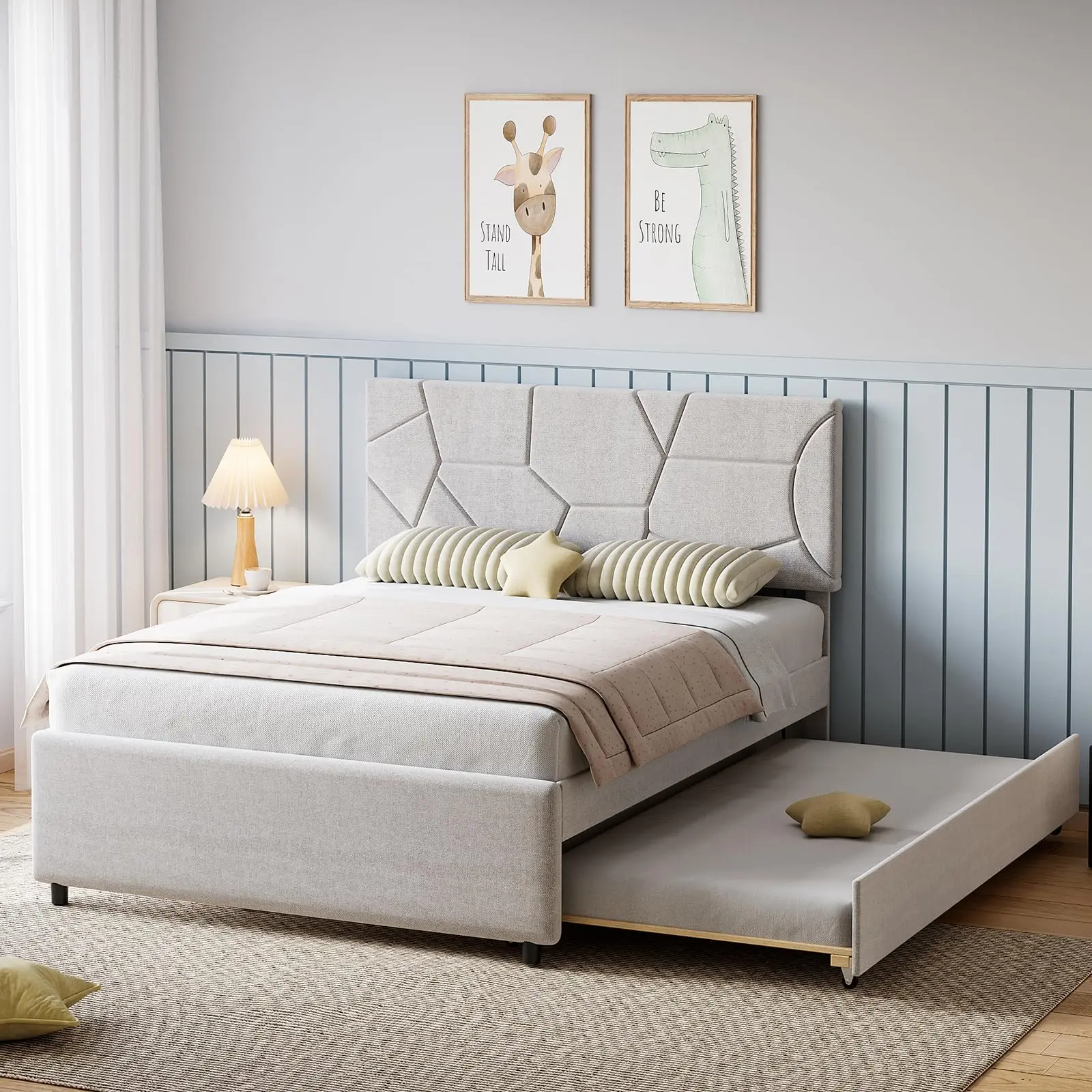 GARVEETrundle Bed Twin, Full Size Upholstered Platform Bed Frame, Pull Out Bed with Headboard, Wood Slat Support, for Bedroom, Living Room, Guest Room
