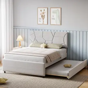 GARVEETrundle Bed Twin, Full Size Upholstered Platform Bed Frame, Pull Out Bed with Headboard, Wood Slat Support, for Bedroom, Living Room, Guest Room