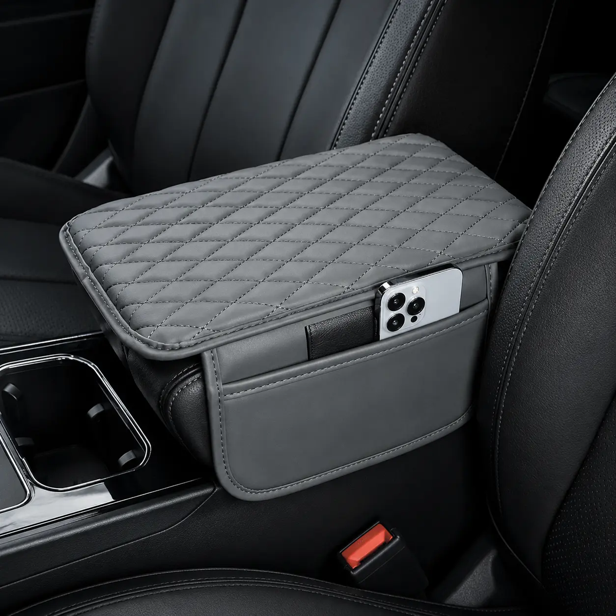 Car Center Console Armrest Cover, Microfiber Leather Armrest Cushion with 2 Side Storage Pockets, Universal Car Armrest Pad Protector with Elastic Straps, Anti-Slip Console Cover for Cars, Gray / Beige