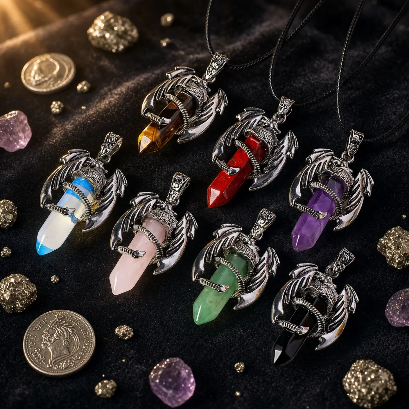 Unisex Natural Hexagonal Dragon Motif Charm Pendant Chains Necklace with Amethyst-Rose Quartz Crystal Gemstones, Spiritual Jewelry Accessory