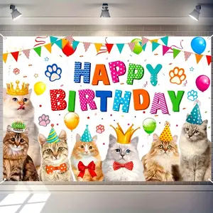 2D Flat Banner 1pc, Cat Design Birthday Celebration Banner, Durable Polyester, Ideal for Party Decor, Cake Table and Wall Decoration