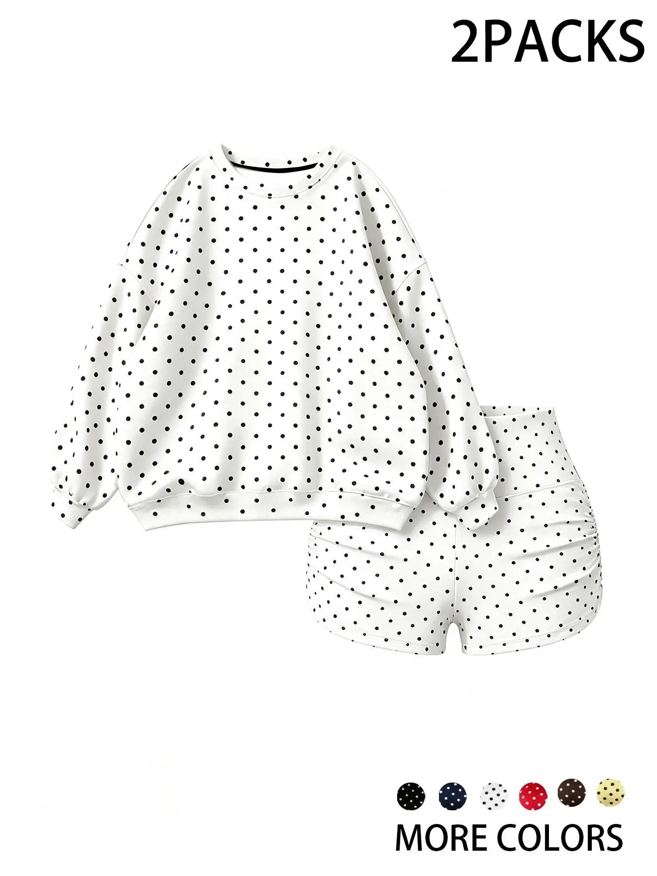 Women's Casual Polka Dot Loose-Fit Crew Neck Sweatshirt and High-Waisted Shorts Matching Set, Soft Stretch Fabric