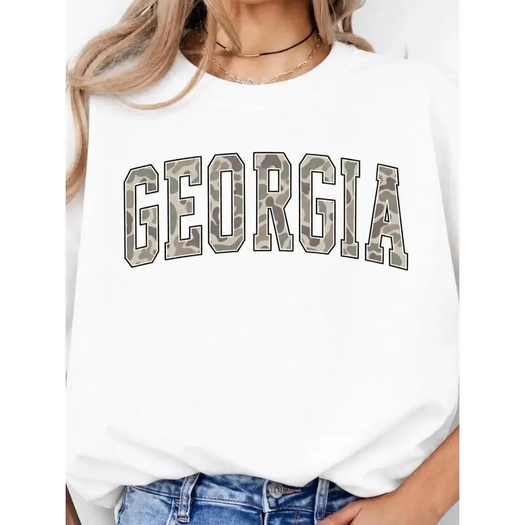 Men's 100 Cotton Clothing Round-Neck Oversized White Short-Sleeve T-Shirt - Georgia University Varsity Camo Letter Graphic, Casual State Pride Premium Soft Top, Cold-Wash Streetwear Gift (S-3XL)