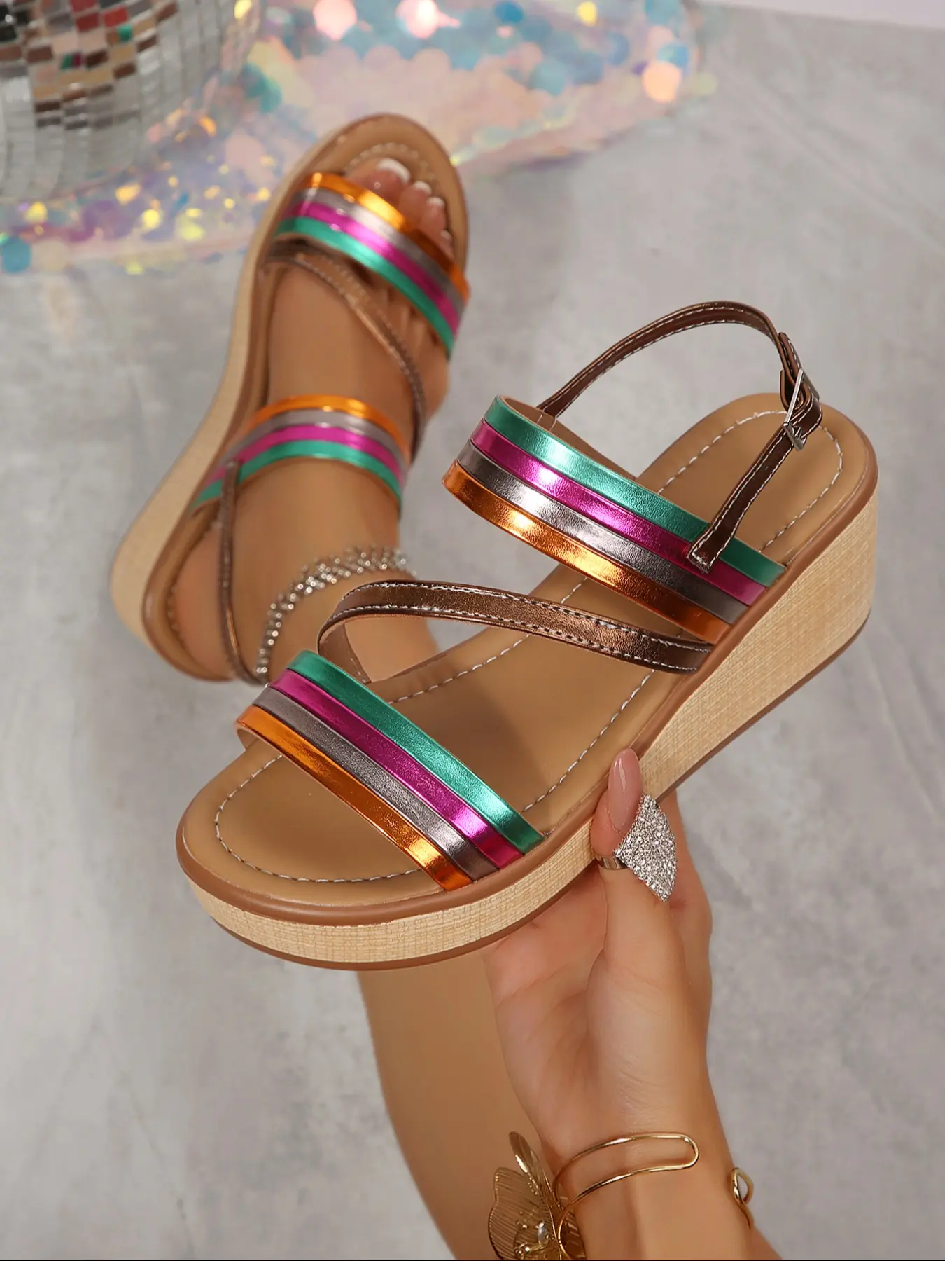 Rainbow Metal Color Thick Sole Wedge Sandals, Straw Bottom Waterproof Platform, Soft Anti-Slip Two-Way Flip Flops, Summer Beach Shoes