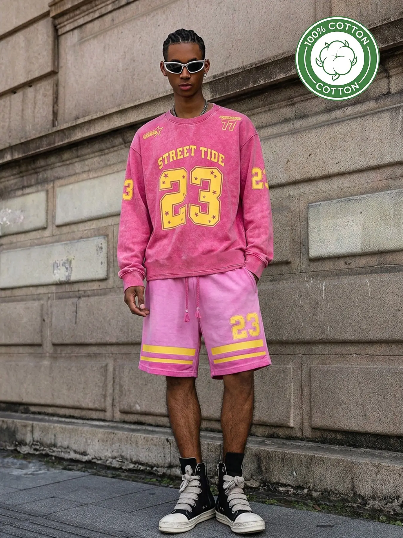 Y2K Men's Vintage Drop Shoulder Sweatshirt & Basketball Shorts Set, 100% Cotton, Star Print, Breathable, Casual Streetwear