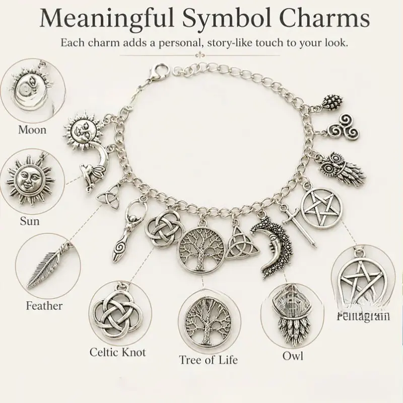Vintage Witch Charm Bracelet, Silver Color Pagan Jewelry, Moon Sun Tree Owl Pentagram Pendant, Gothic Bohemian Gift, Mystical Bracelet