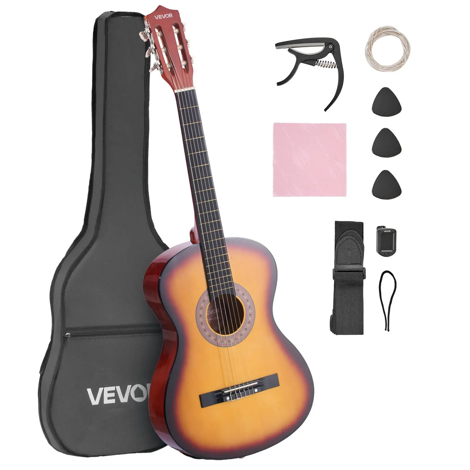 【DealsForYouDays】VEVOR Classical Guitar, 38 Inch, Wood Classical Guitar Starter Kit for Beginners, with Nylon Strings, Gig Bag, Strap, Tuner, Extra String, Pick, Capo, Basswood, for Teenagers Adults Students, Sunburst,dorm essentials,home decor