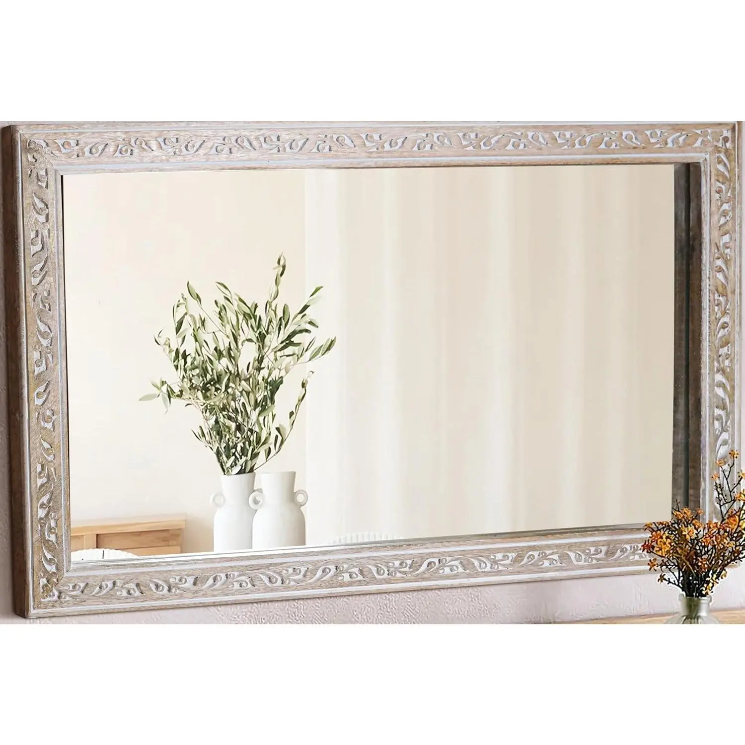 Rustic Solid Wood Wall Mirror - Bathroom Vanity Mirror, Farmhouse Decorative Mirror for Home, Vertical & Horizontal Hanging, Wood Finish 30"x18" White Antique