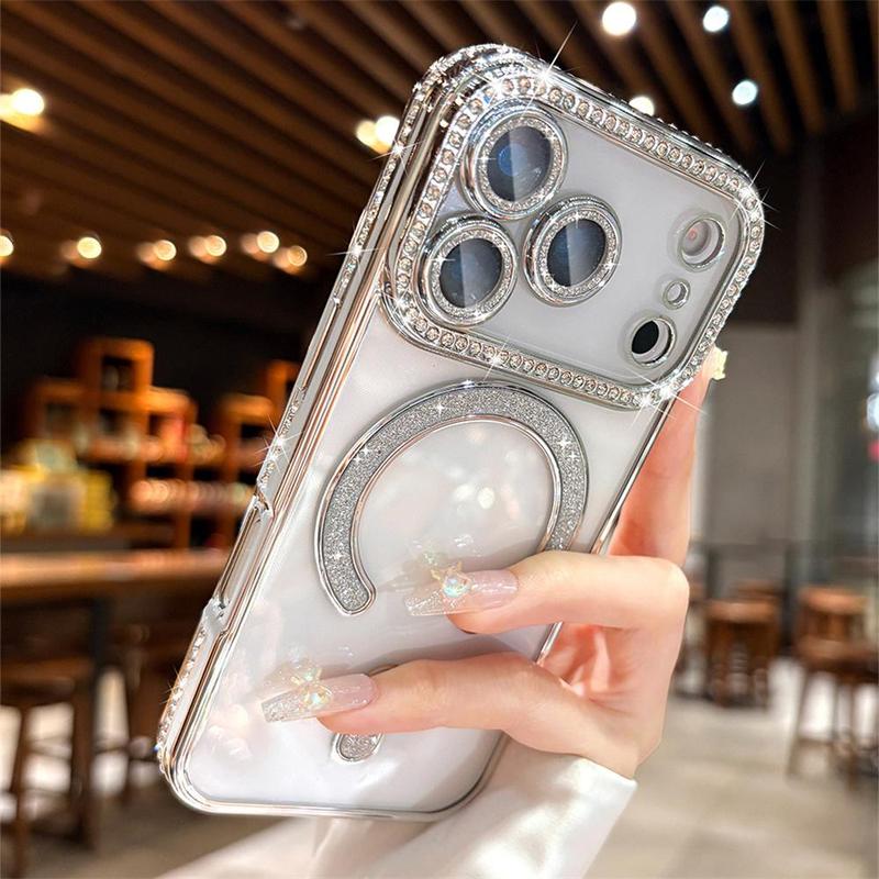 OREKROY【Free.ship】Clear Glitter Diamond Magnetic Case for iPhone 17 Pro Max 17Air 17Pro 17 16 15 14 13– MagSafe Compatible, with Camera Lens Protector, Cute Luxury Plating Sparkly Rhinestone Slim TPU Bumper Phone Case for Women & Girls