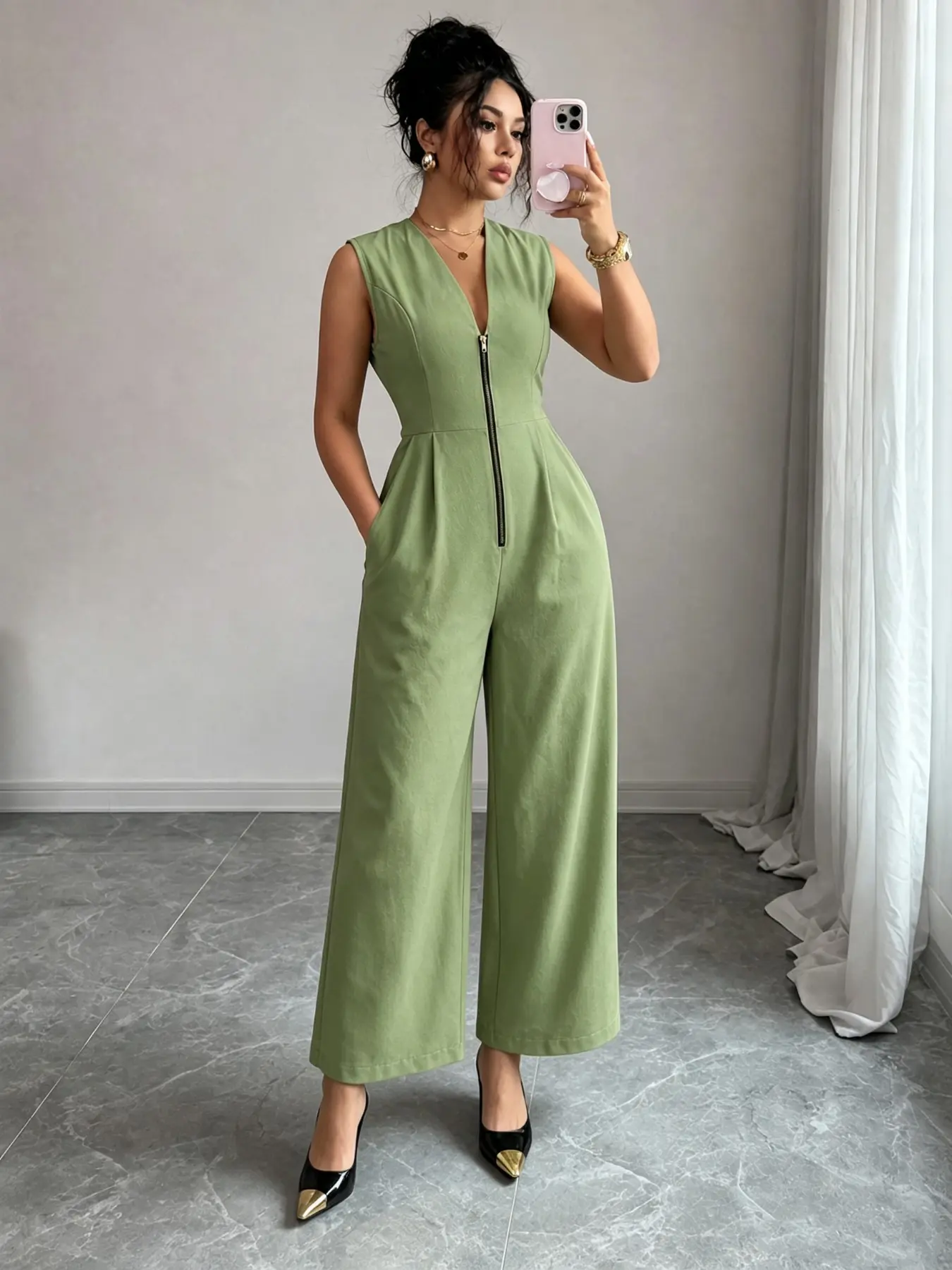 Women's Sage Sleeveless Wide Leg Romper, Deep V Front Zip High Waist with Pockets, Casual Commuter, Comfortable, Stylish and Chic