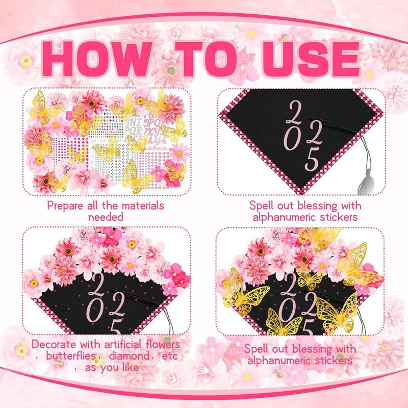 Graduation Cap Decorations Kits Faux Flower 3D Butterfly Rhinestones Glitter Alphabet Letter Sticker Pink Flower DIY Graduation Cap Decorations for Grad Cap Topper Graduation Party DIY Crafts