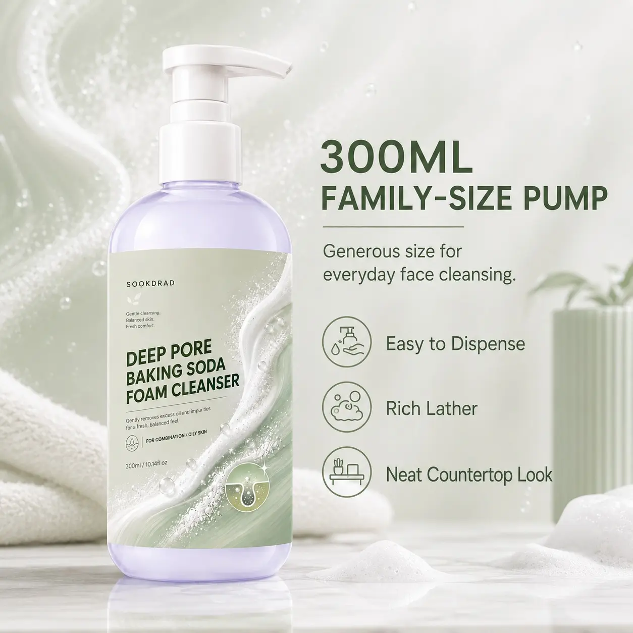 Deep Pore Baking Soda Foam Cleanser, baking soda, deep pore cleansing, remove excess oil, fresh skin, balanced skin, facial cleansing, combination skin, oily skin, daily cleansing, 300ml