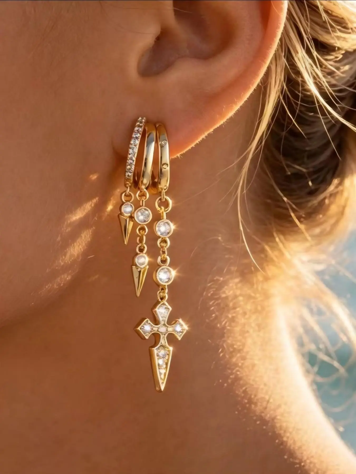 Three-Layer C-Shaped Zircon Earrings, Elegant Retro Cross Dangle Earrings, Easter Jewelry, Fashion Accessories