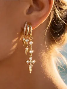 Three-Layer C-Shaped Zircon Earrings, Elegant Retro Cross Dangle Earrings, Easter Jewelry, Fashion Accessories